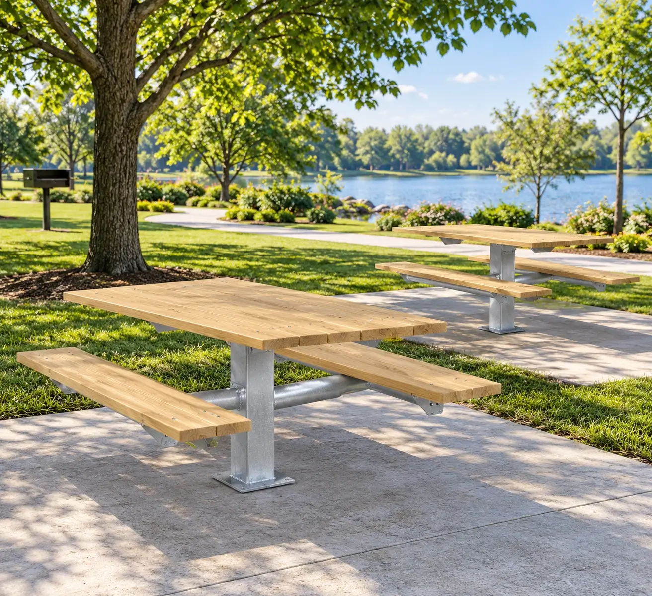 Wooden picnic tables with galvanized steel pedestal frames installed on concrete pads in a landscaped lakeside public park.